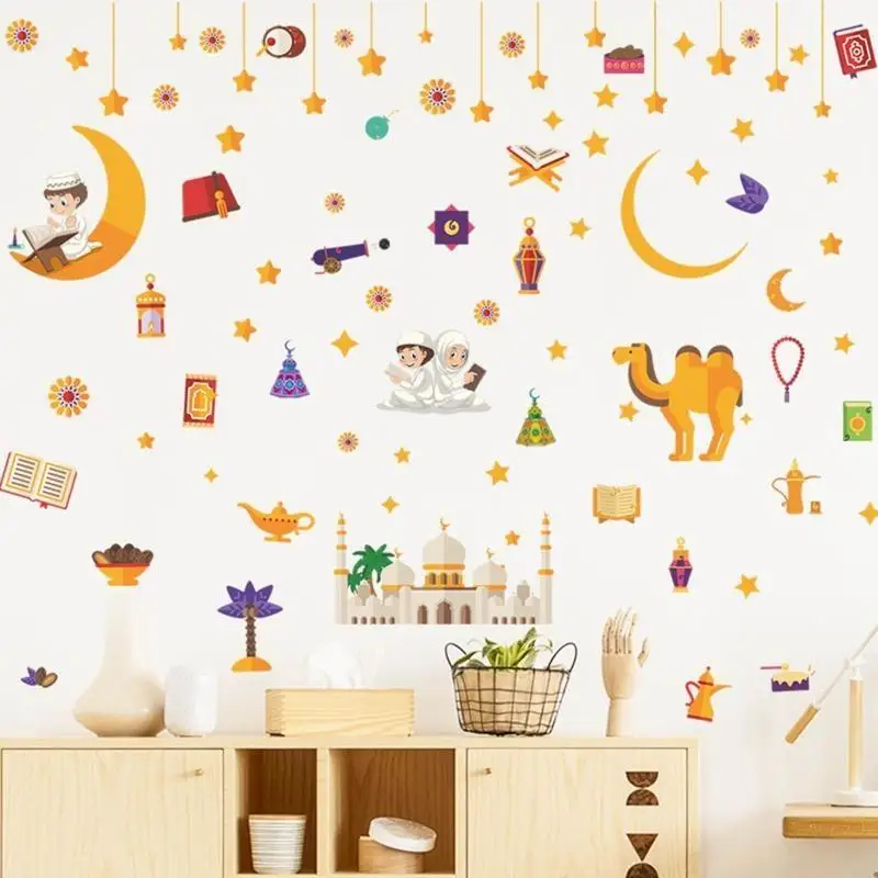 H8WB Eid Mubarak Wall Stickers 4 Sheets Moon Star Castle for Camel Window Clings