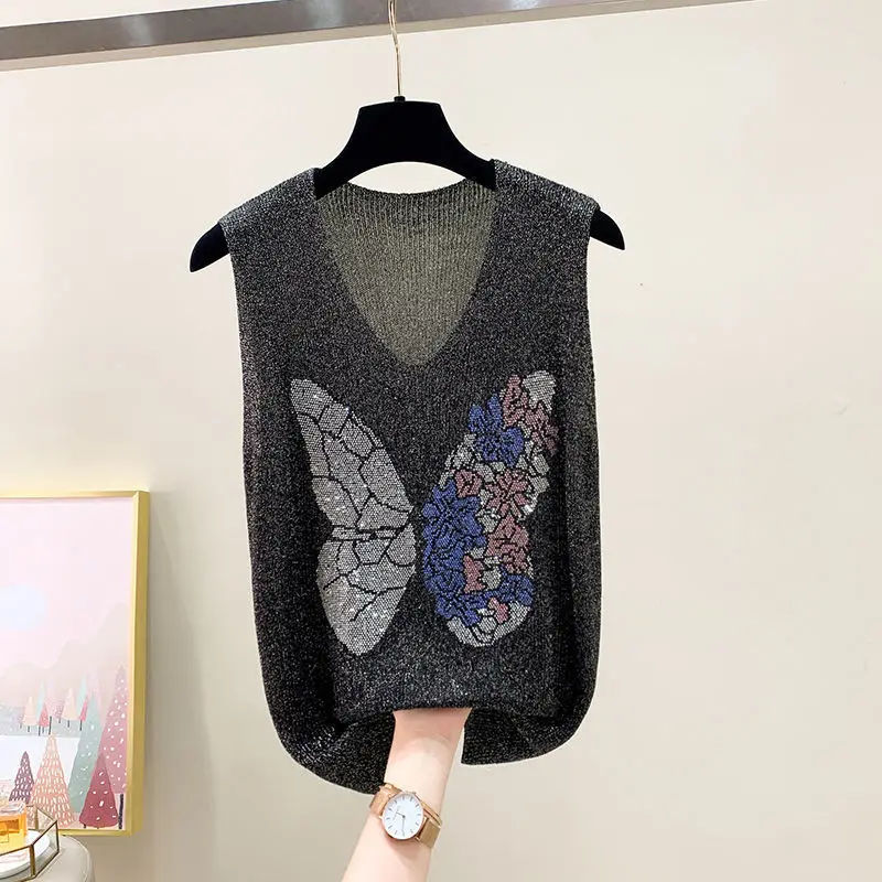 Loose Thin Hot Diamond Ice Silk Vest for Women Summer Large Butterfly Sleeveless Bottomed Shirt Korean Tank Top