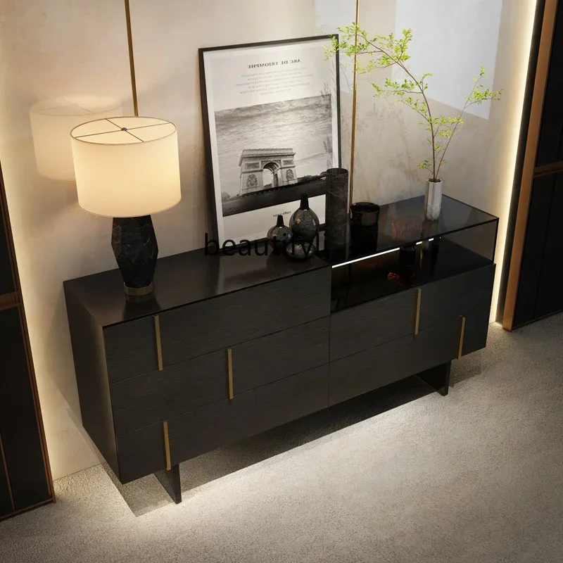 

Italian Chest of Drawers Modern Living Room Black with Light Entrance Cabinet Storage Glass Cabinet