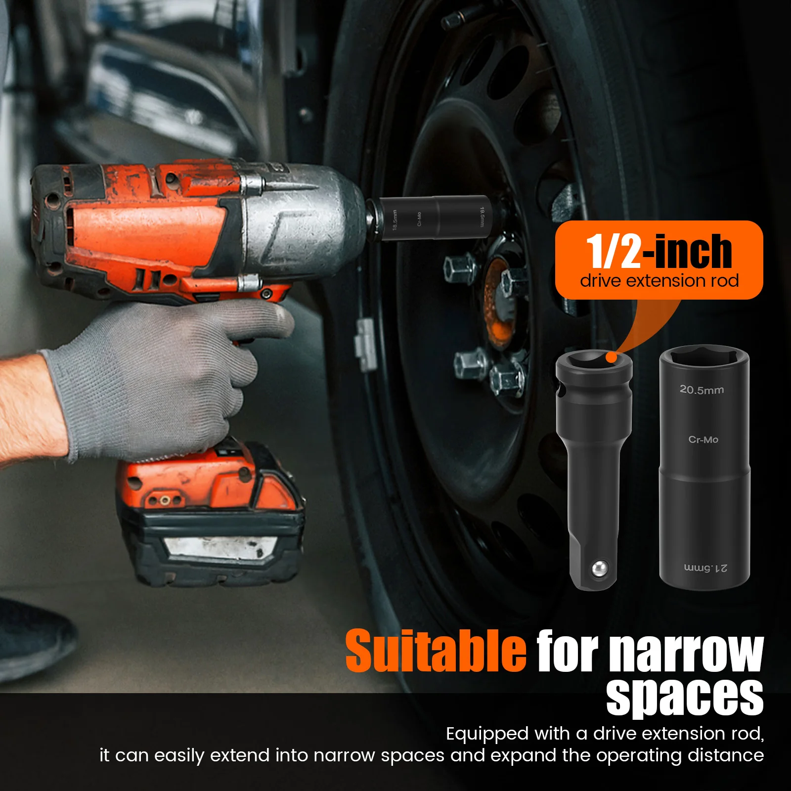 3 قطعة مقبس التصادم المزدوج الرأس الجوز مجموعة الكروم الموليبدينوم الصلب مقبس التصادم مع 1/2 بوصة تمديد قضيب للمساحات الضيقة