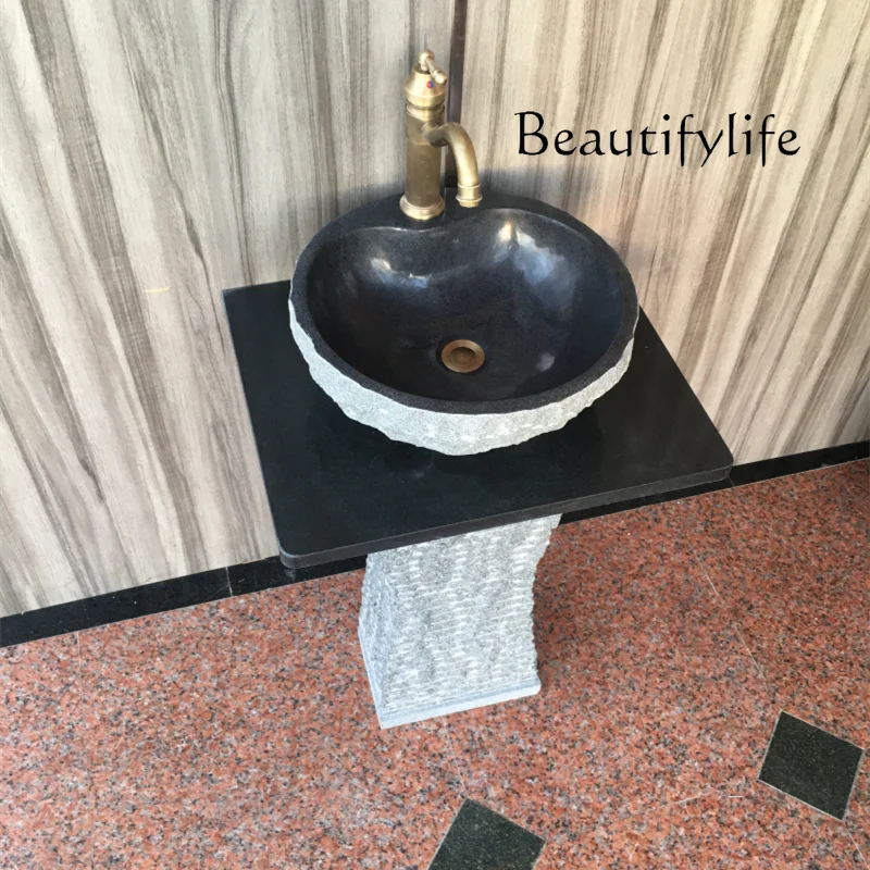 Marble wash basin stone column basin integrated courtyard stone  retro floor wash basin