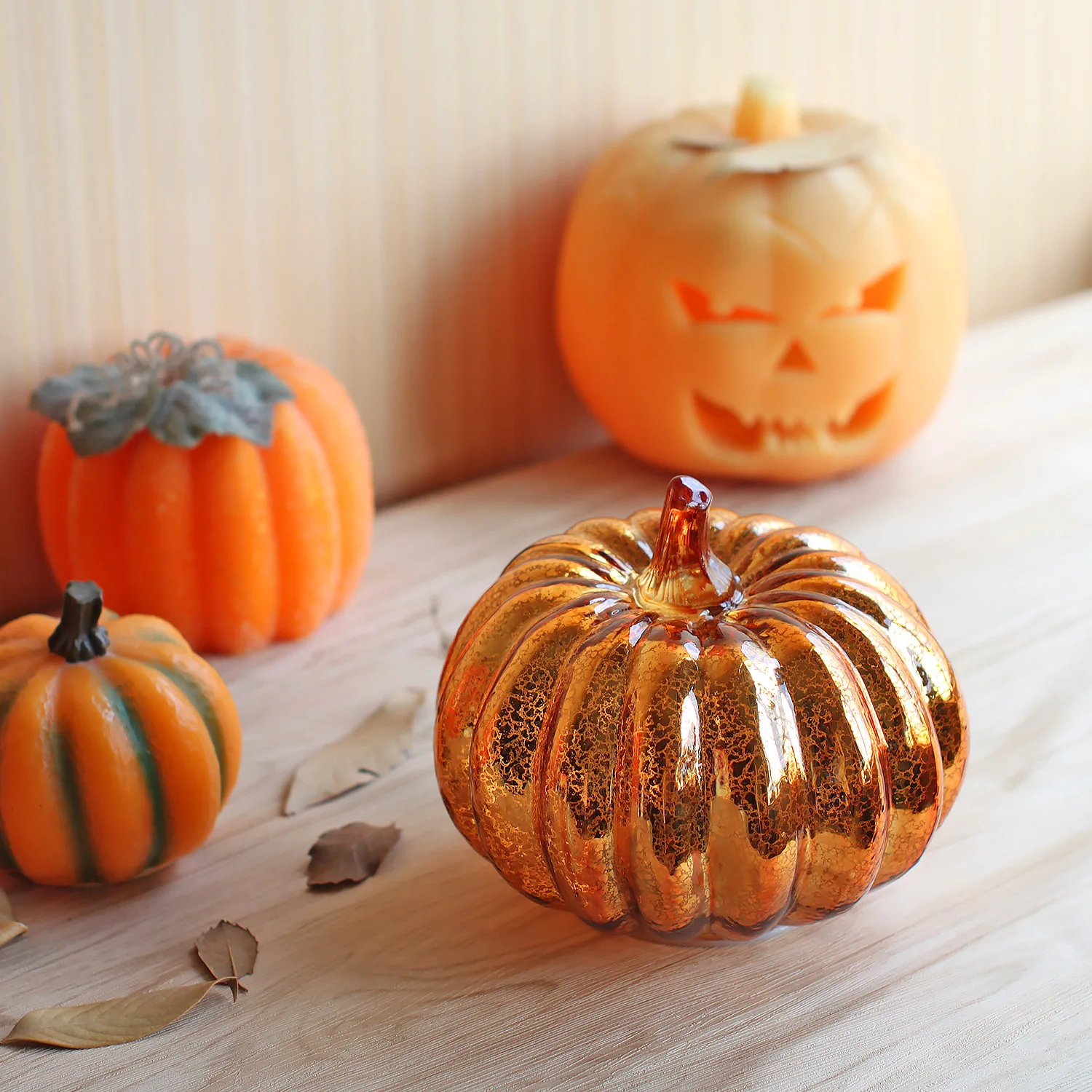 Halloween Decoration LED glass pumpkin lantern Lantern with Timer for Tabletop Halloween Thanksgiving Autumn Ornaments