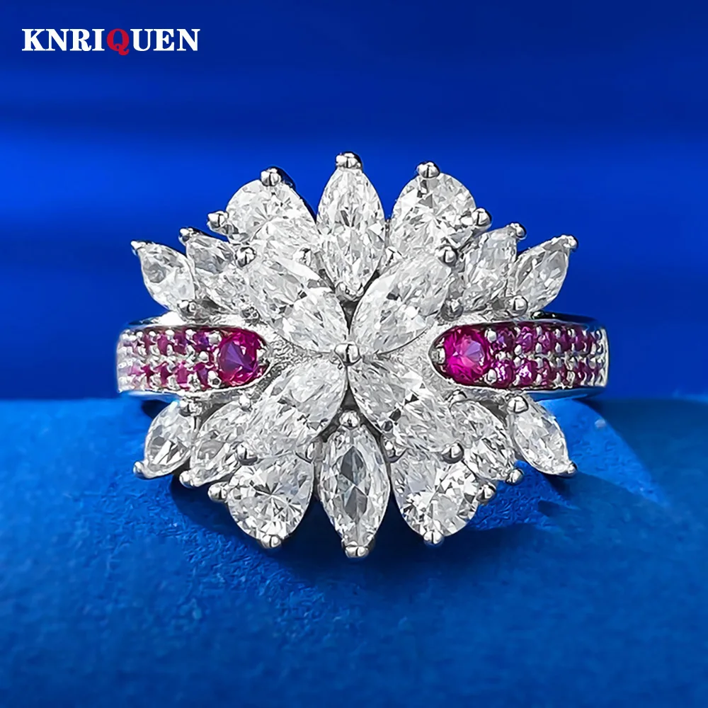 

New Trend Luxury 925 Solid Siver High Carbon Diamond Ruby Snowflake Rings for Women Luxury Engagement Wedding Fine Jewelry Gift