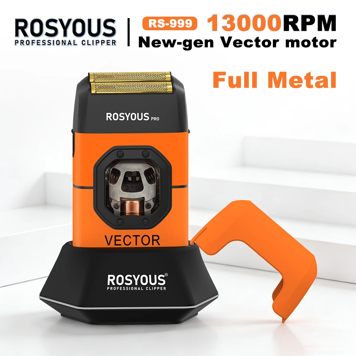 ROSYOUS RS-999 Shaving Trimmer for man Magnetic Vector Motor 13000RPM Full Metal with Base Charger 2000mAh Electric Shaver