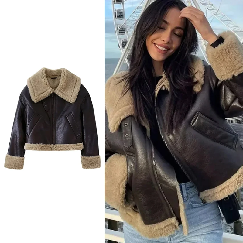 UETEEY Winter Woman Fur Leather Short Jackets Female Thick Warm Turn-down Collar Coats Ladies Chic Outerwear