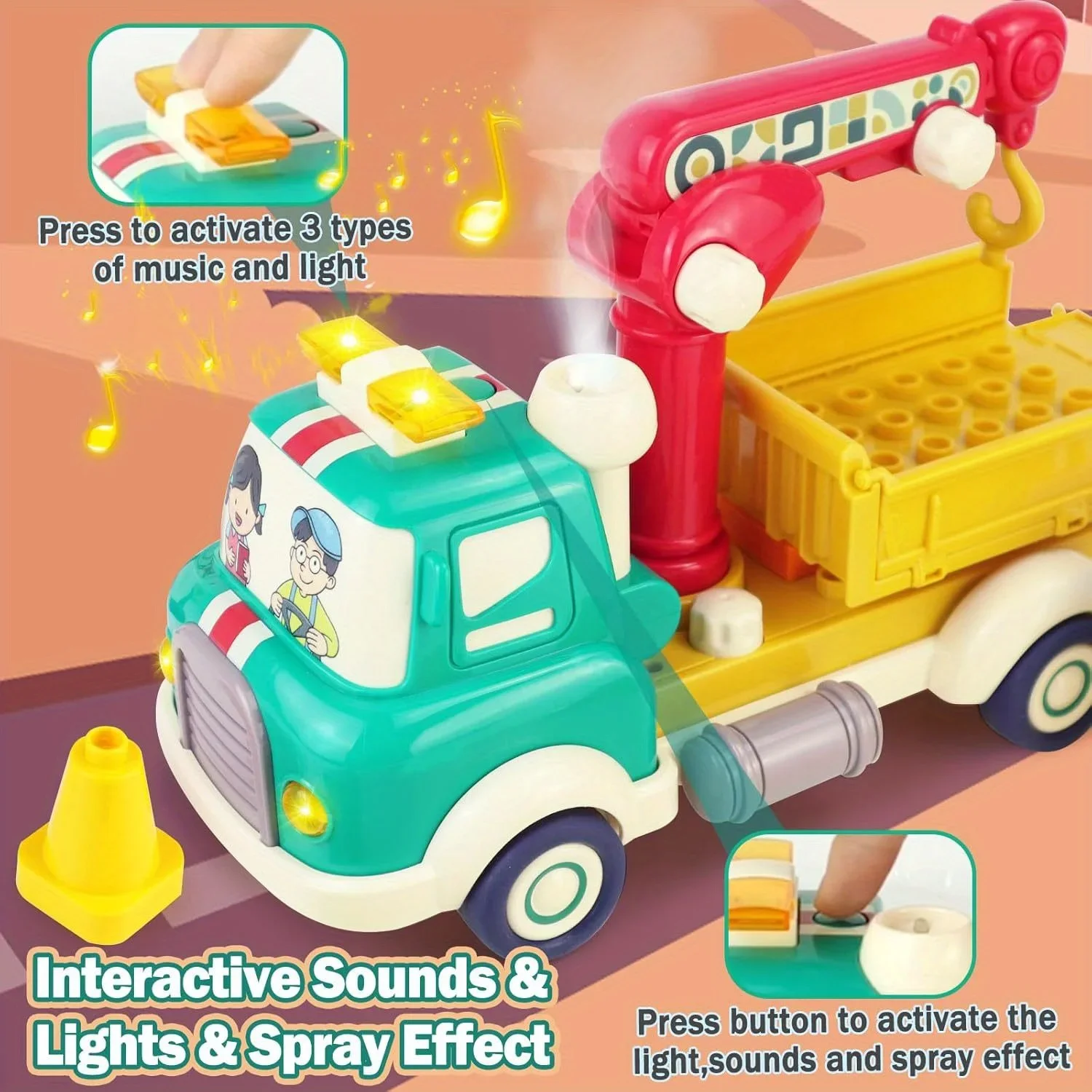 Vehicle Building Toy  with Road Sign Set,Fruit Transport Truck Building Blocks Toys with Sounds,Lights and Spray Effect for Kids