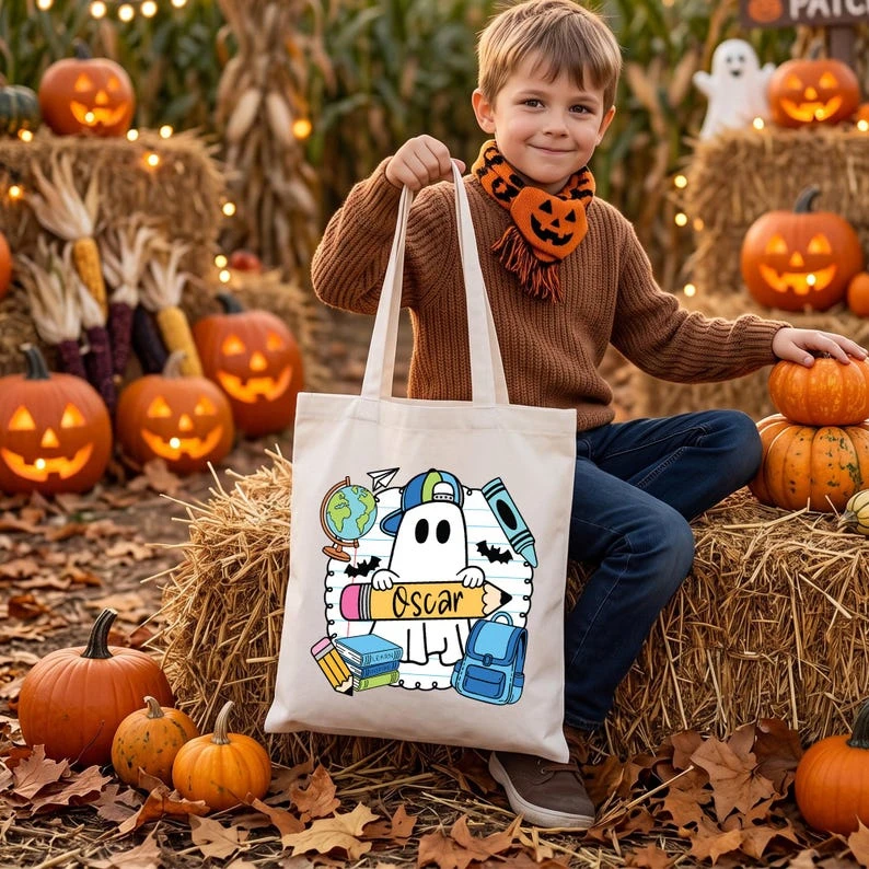 Personalized Teacher Halloween Tote Bag, Custom Name Ghost Candy Bag, Trick or Treat School Keepsake