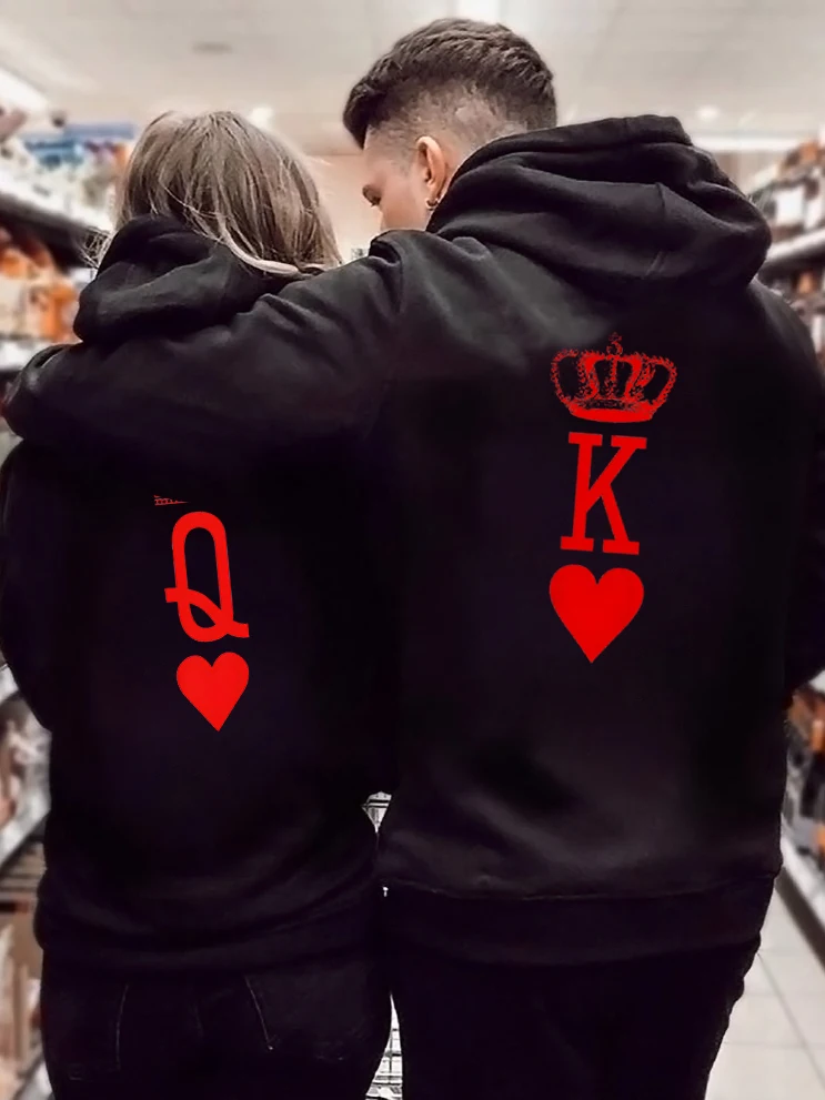 Couple Hoodies King Queen Print Sweatshirt Heart Crown Lovers Couples Hoodie Fashion Hooded Casual Matching Pullover Tracksuits