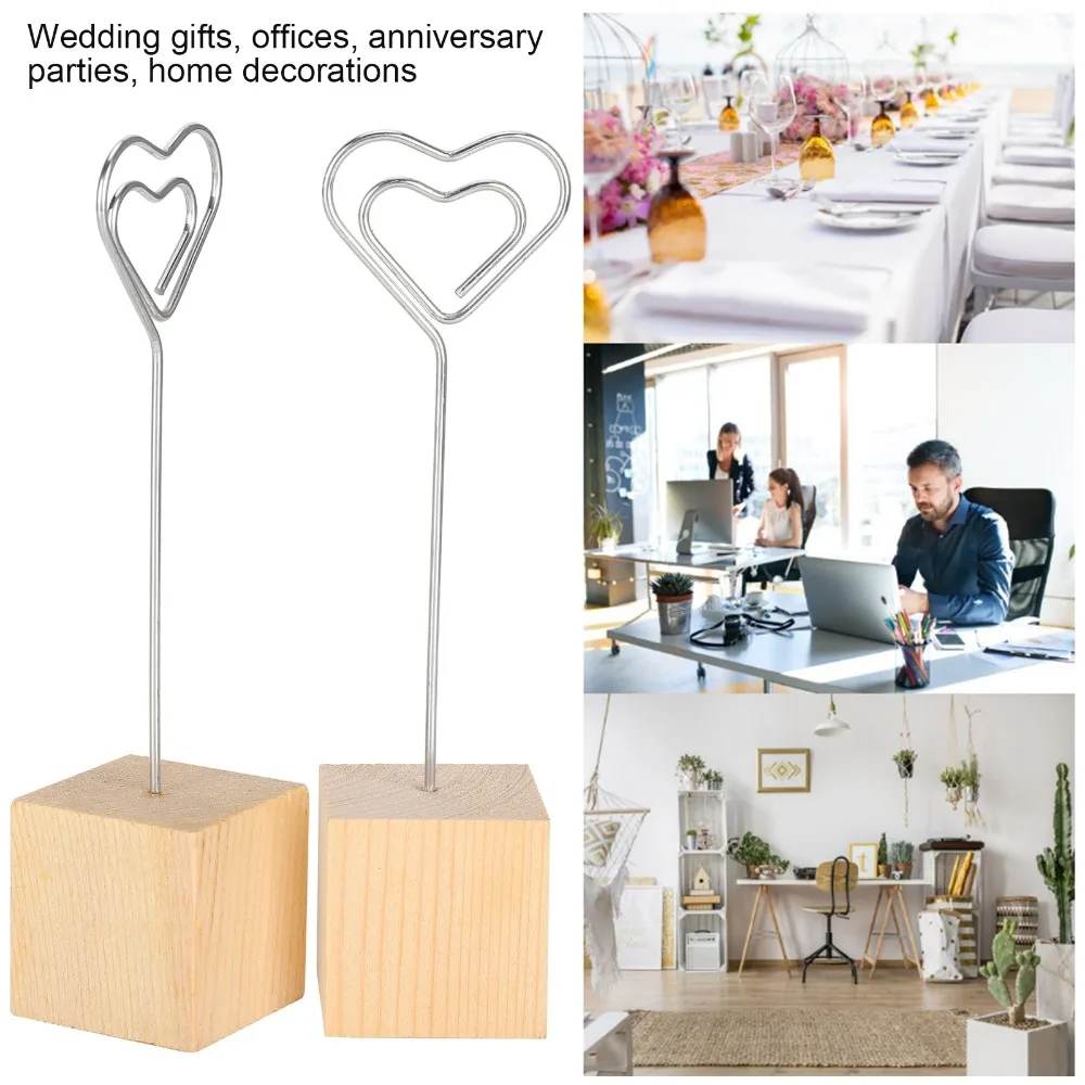 10Pcs Solid Wood Base Photo Holder Heart Shape Durable Clip Note Clip Stand Iron 11.9cm Height Picture Clip Stand Office Use