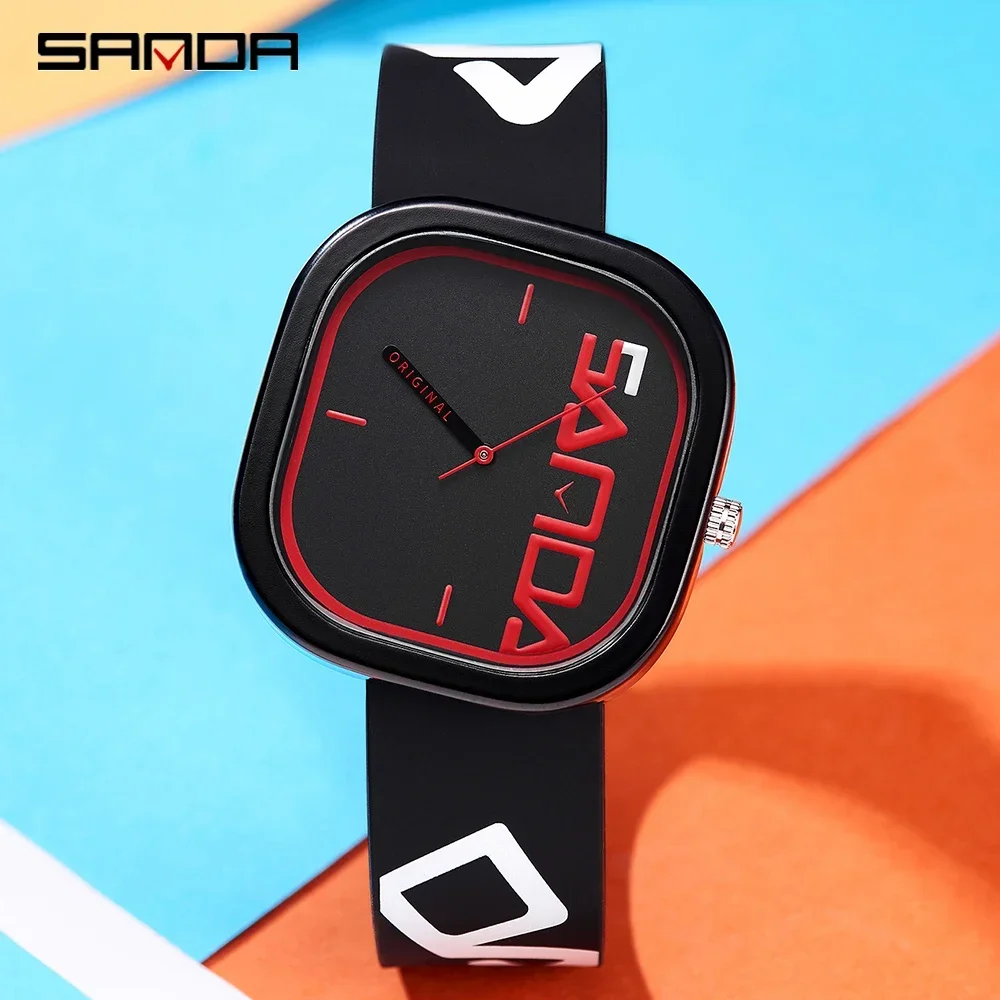 SANDA-Relógio de quartzo impermeável masculino, relógio esportivo de luxo, design simples, pulseira de silicone, relógio automático, novo padrão, 2024