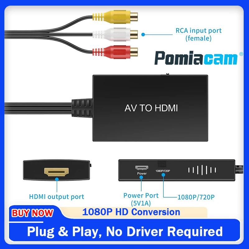 RCA to HDMI Converter 1080P AV to HDTV Adapter with USB Power Plug & Play Compatible with Windows Mac Android Linux