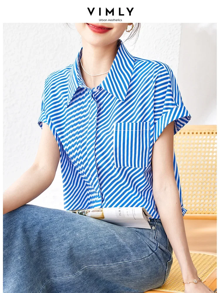 Vimly Short Sleeve Button Up Shirts & Blouses for Women 2023 Stripe Loose Turn Down Collar Straight Casual Summer Cotton Tops