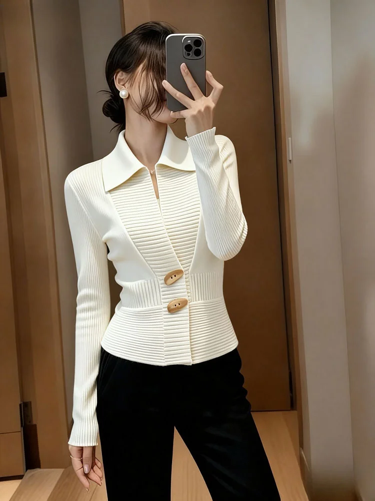 

Элегантный белый вязаный свитер с длинным рукавом для женщин, весенняя уникальная модная кофта в корейском стиле