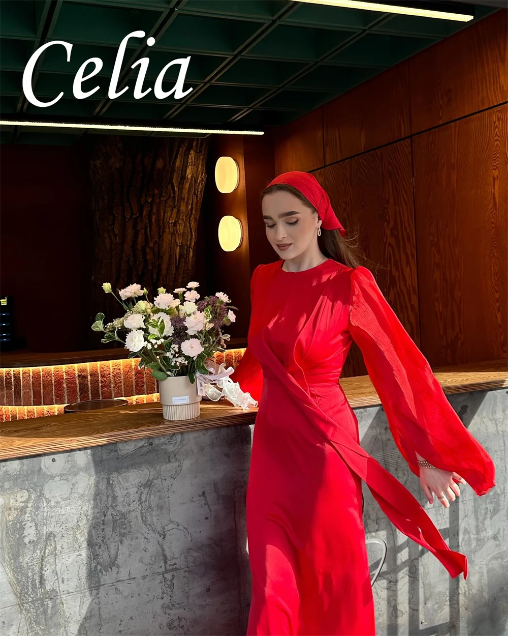 Customized Simple Red Jersey Prom Dress High Quality O-Neck Long Sleeves Evening Dress Exquisite Luxury Homecoming Dresses