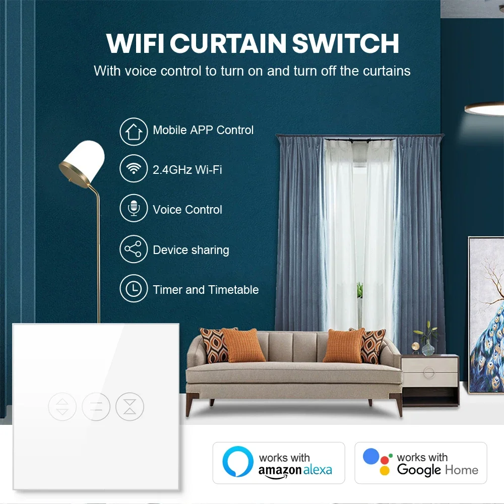 MIUCDA Tuya Smart WiFi Touch Curtain Roller Blinds Motor Switch, supports remote APP control,compatible with Alexa & Google Home