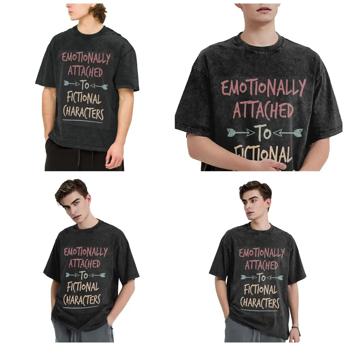Emotionally Attached To Fictional Characters Hip Hop Short Sleeve T-Shirts Washed Tops Tees Streetwear T Shirt Printed Men Women