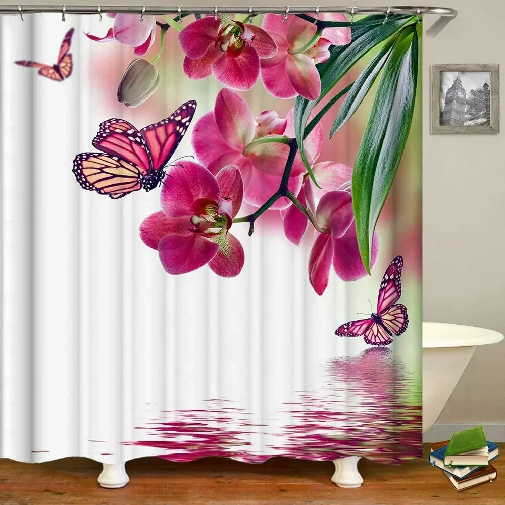 Nature Scenery Shower Curtain Pink Red Orchid Blossom Butterfly Lake Water Floral Theme Bathroom With Hook Waterproof Screen