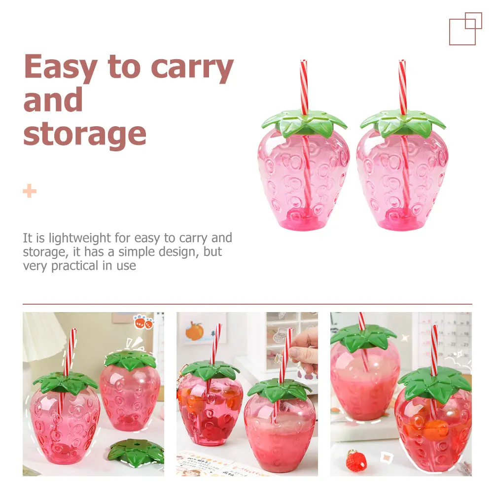 

2 Pcs Strawberry Sippy Cups Plastic Water Milk Beverage Drinkware Mugs Lid Coffee Tea Juice Reusable Lightweight Easy Clean