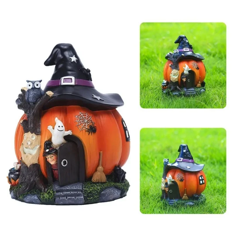 

Halloween Pumpkin House Mini Landscape Witch Ghost House Decoration Luminous Resin Crafts Miniature Ornament Featival Biological