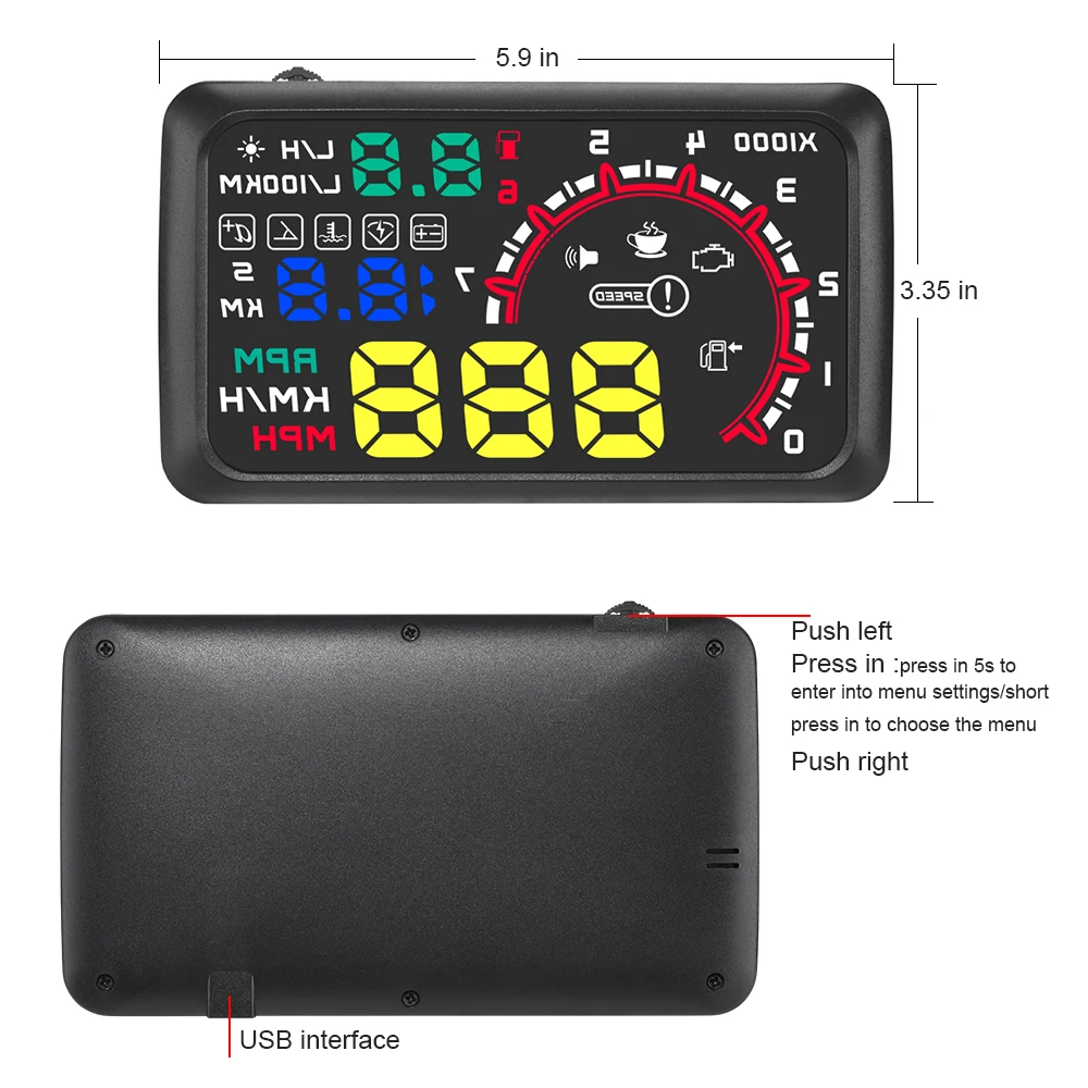 Proiettore HD da 5.8 pollici Head Up Display W02 Car OBD HUD accelerazione consumo di carburante tensione di temperatura interruttore del suono