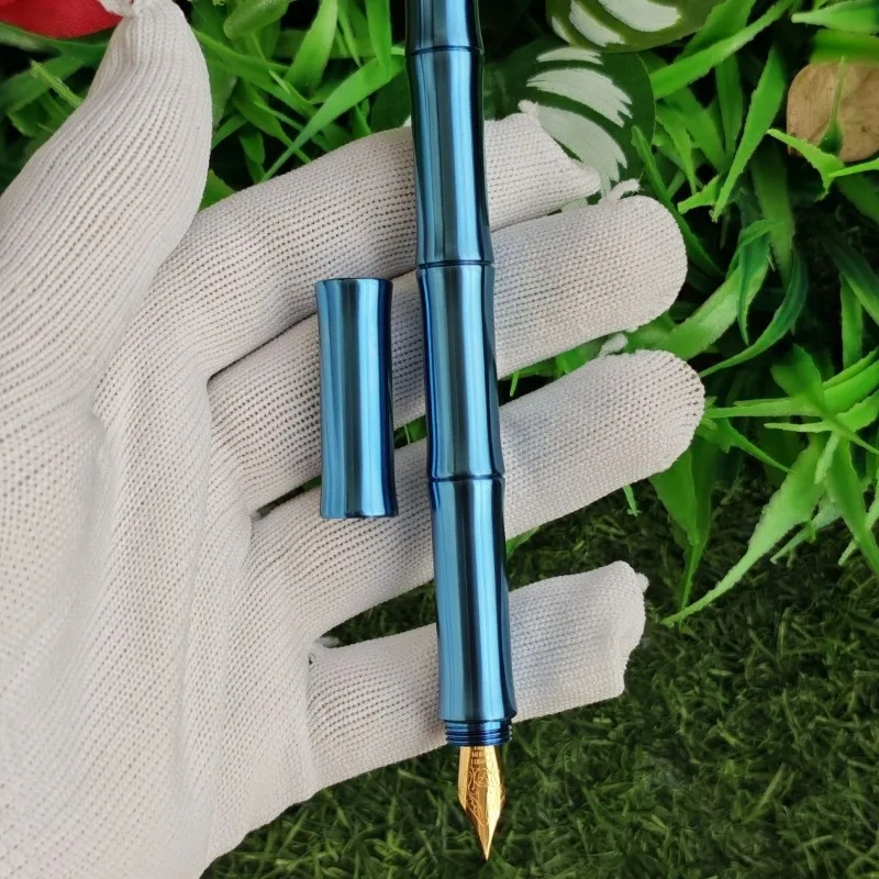 BALAOYE Titanium Alloy Fountain Pens Bamboo Knot Pen German Schmidt No.5 Sharp Blue Alloy Ink Pen Luxury Calligraphy Pens Gift