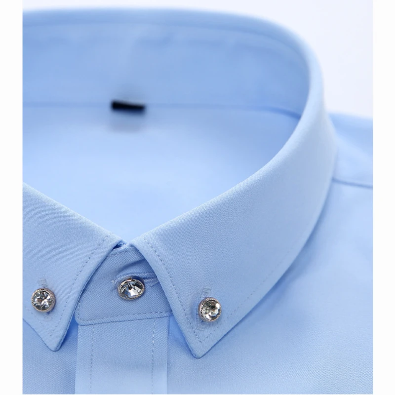 Diamond button fashion solid color business shirt long sleeve men\'s white shirt dress shirt banquet top business men\'s clothing