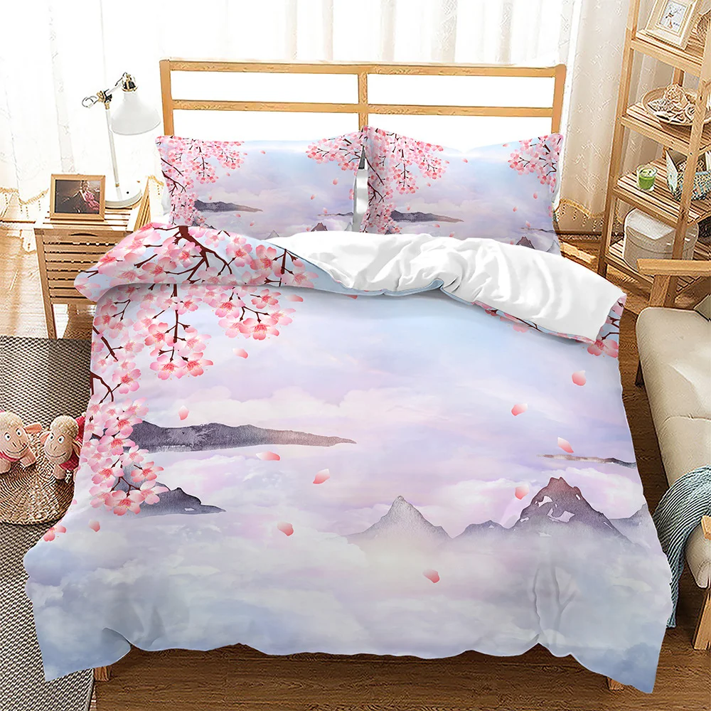 

Pink Floral Duvet Cover Japanese Cherry Blossoms Theme Bedding Set Spring Romantic Quilt Cover Microfiber Bedspread