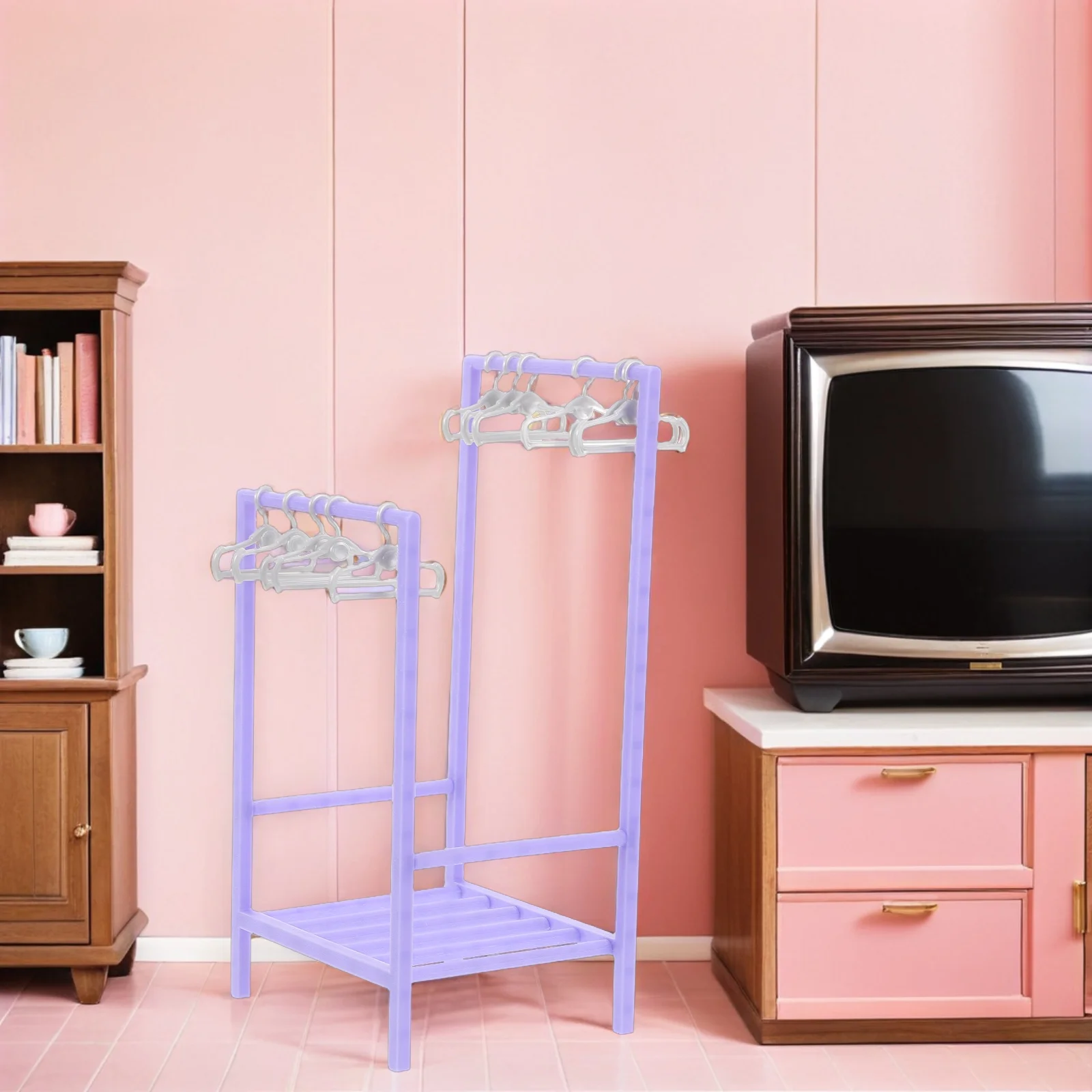 

1 Set Miniature Clothes Hanger Rack 30Cm Purple For Dollhouse Laundry Balcony Durable Plastic Mini Hangers Garment Organizer