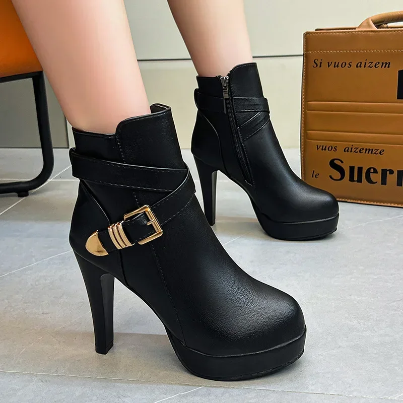 2024 Winter New Fashion Europe and The United States Ultra-high Heel Slim Side Zipper Waterproof Platform Low Leg Ankle Boots