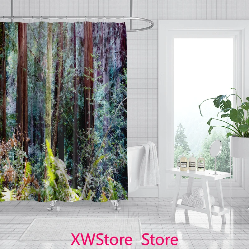 

No-Hole PEVA Shower Curtain Mountain Landscape Print, Rust-Proof Grommets Easy Clean