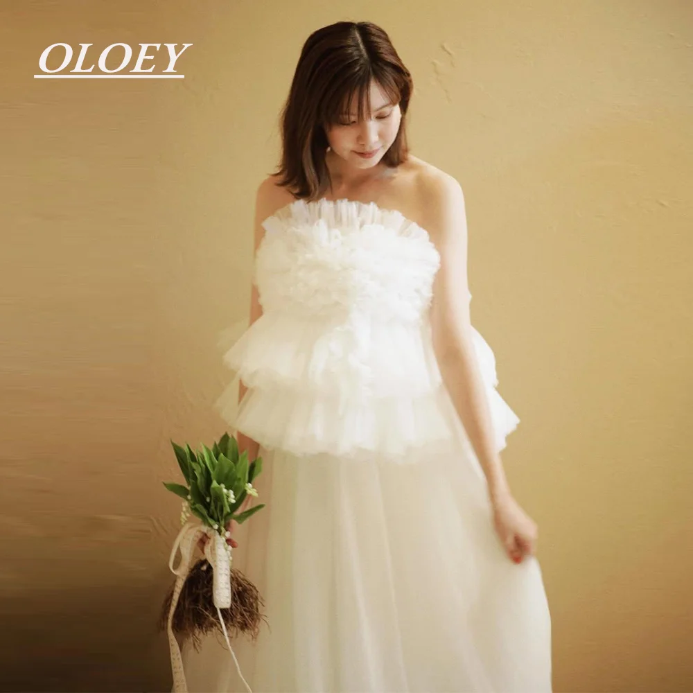 

OLOEY Modern Strapless A-line Wedding Dress Puffy Tulle Floor Length Bridal Gown Customized Japan Photoshoot Corset