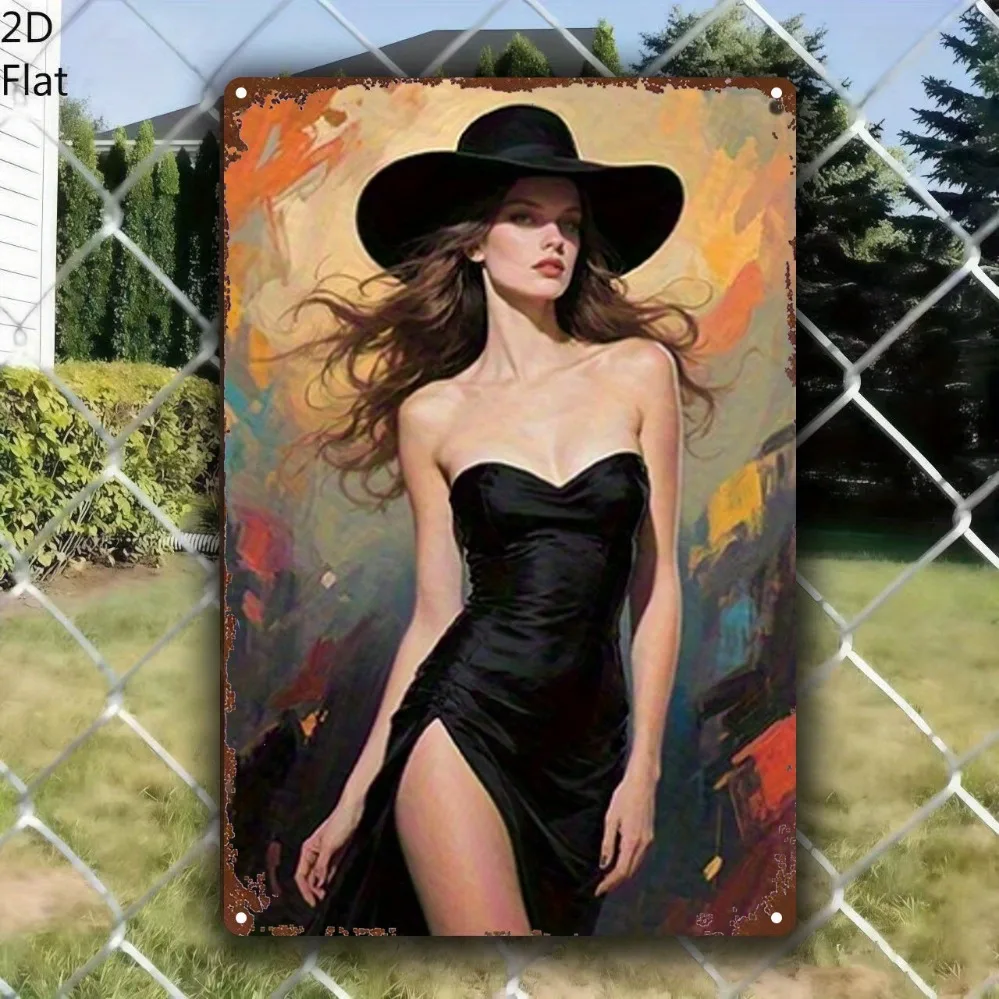 2D-Kunst-Metallschild: 8x12 Zoll Schwarzes Kleid-Damen-Wanddekor, Wasserfestes Rostfreies Hängeschild für Haus und Garten
