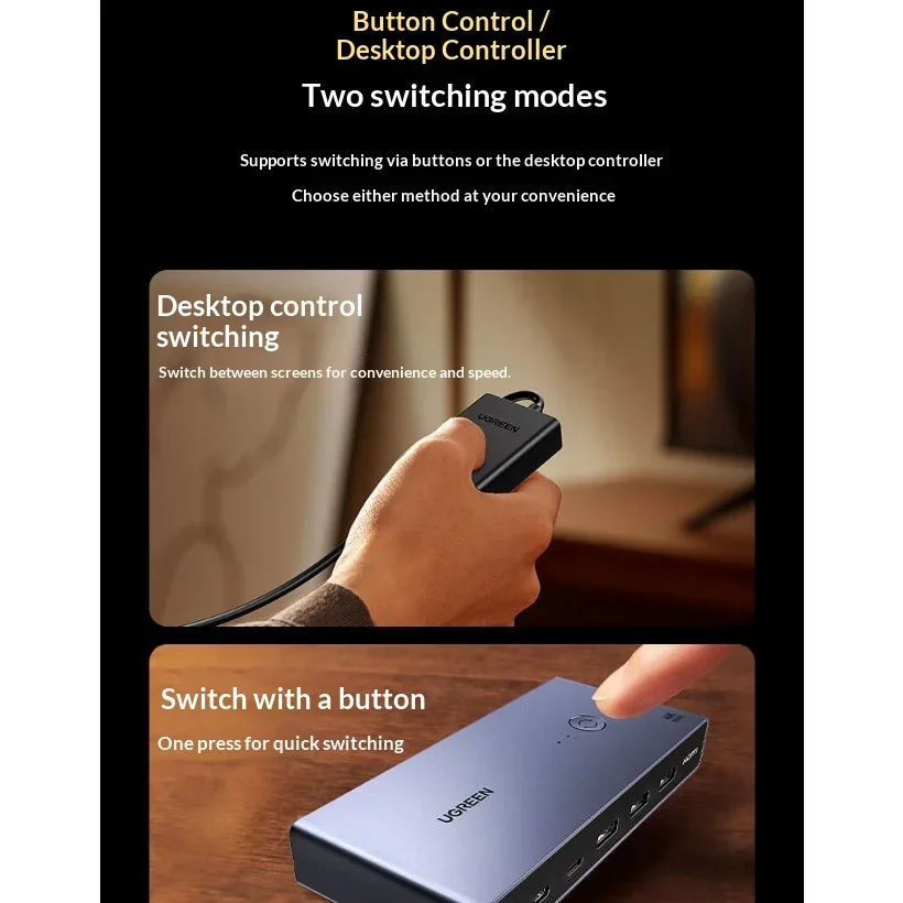 UGREEN 45487 CM732 HDMI 2.0 KVM Switch 2 In 2 Out 4K Display Selector for Two Computers and Monitors