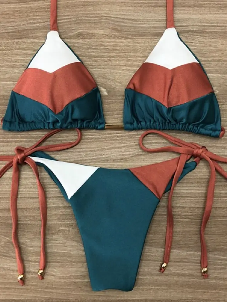 Seksowny strój kąpielowy typu Halter damskie stringi mikrobikini Push Up 2023 brazylijskie bikini tropikalna roślina drukuj stroje kąpielowe String Mini strój kąpielowy