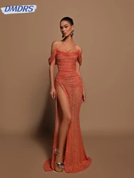 Customized Off The Shoulder Evening Dress Sexy Strapless Side High Slit Prom Gown Sequined Beads Cocktail Dresses Robe De Mariée