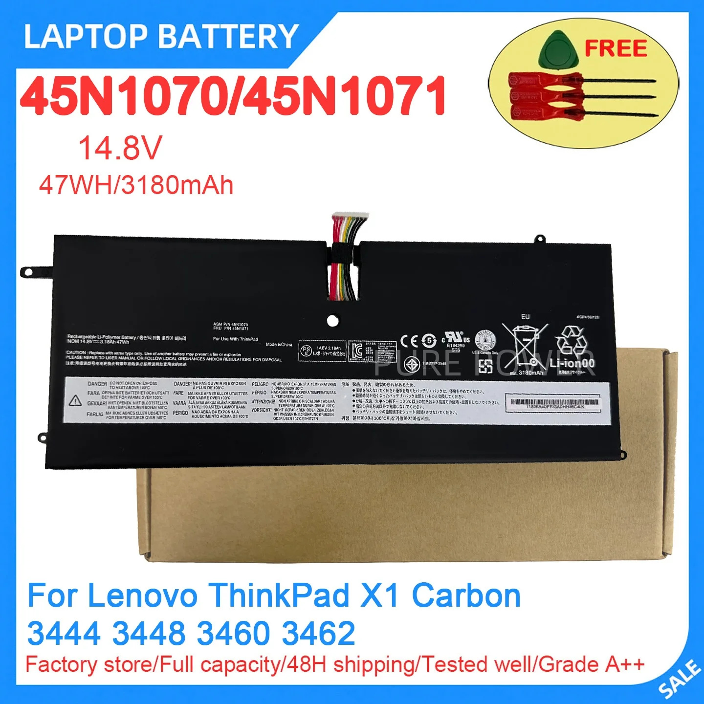 New Laptop Battery 45N1070 45N1071 14.8V 47WH 3180mAh High Quality For Lenovo ThinkPad X1 Carbon 3444 3448 3460 3462
