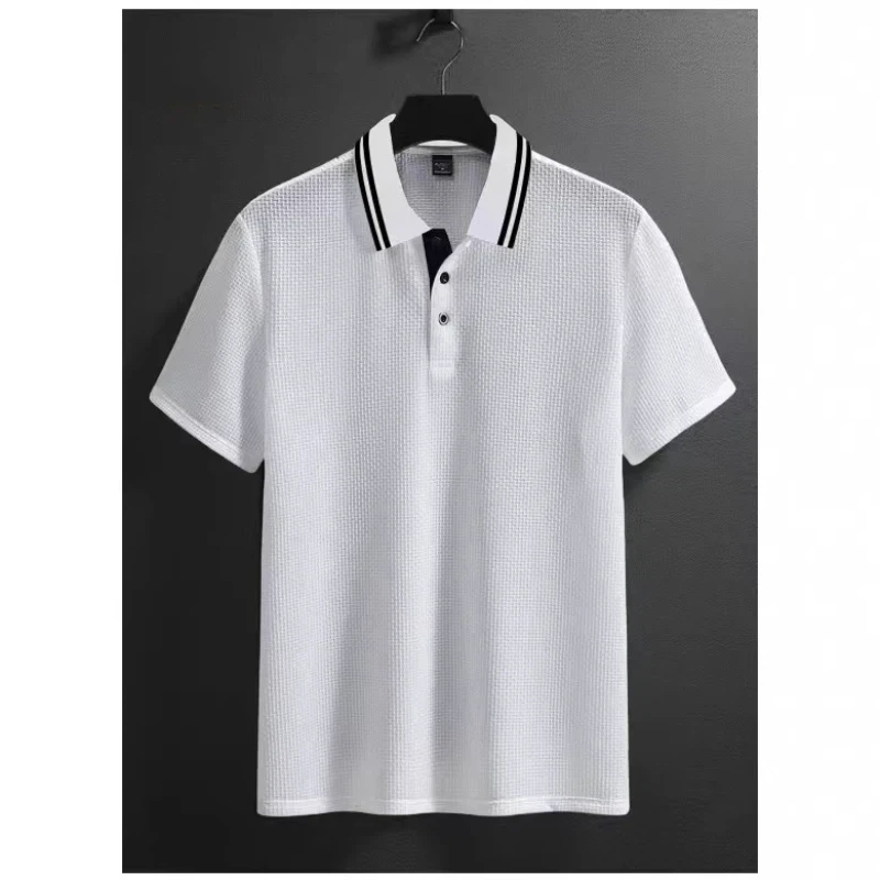 

Men Knit Polo Shirt Striped Collar Short Sleeve Casual Breathable Fashion All-match Top