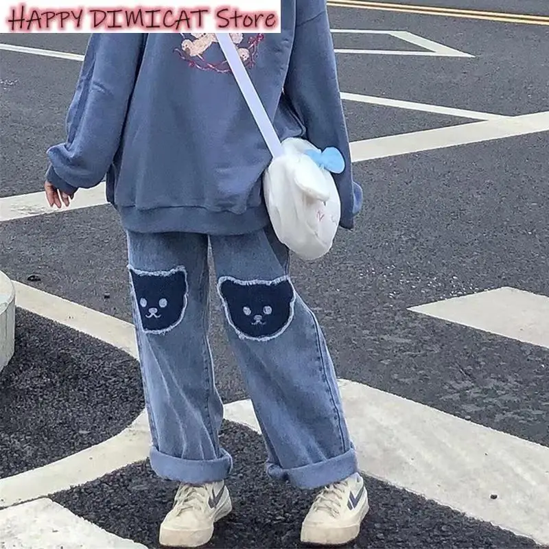 

Harajuku Trousers Women Korean Bear Jeans Cute Print Denim Wide Leg Pants Kawaii Y2K Hip Hop High Waist Straight Baggy New