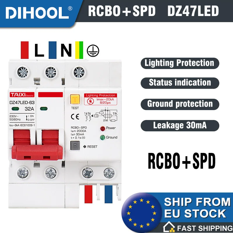 RCD RCBO Residual Current Circuit Breaker With Lightning Protection Leakage Surge Protector SPD 20KA  RCBO 16A 32A 63A 40A