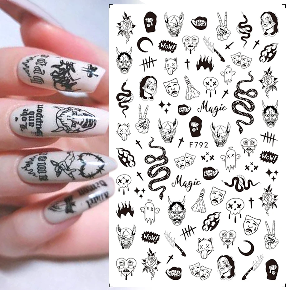 Halloween 3D Nail Stickers Decals Black Snake Skull Blood Scratches Clown Spider Eyes Tattoo Slider Winter Manicure Decoration