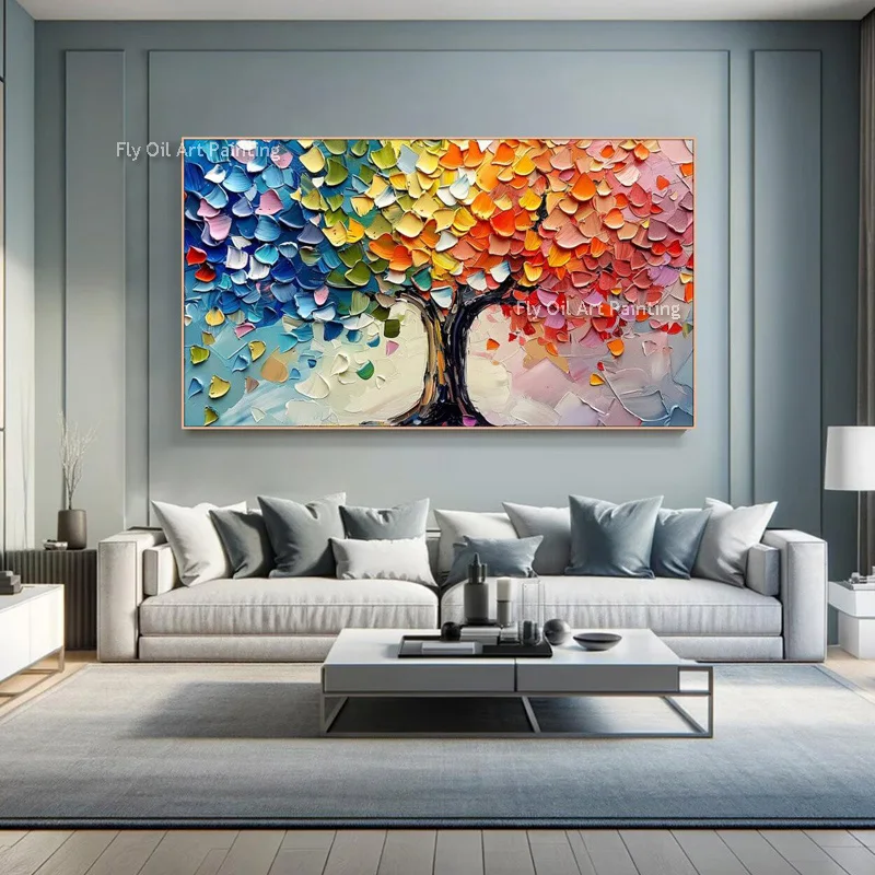 Modern 3D Textured Rainbow Leaves Tree Wall Art Popular Gorgeous Living Room Decoration Handmade Original Oil Painting As Gifts