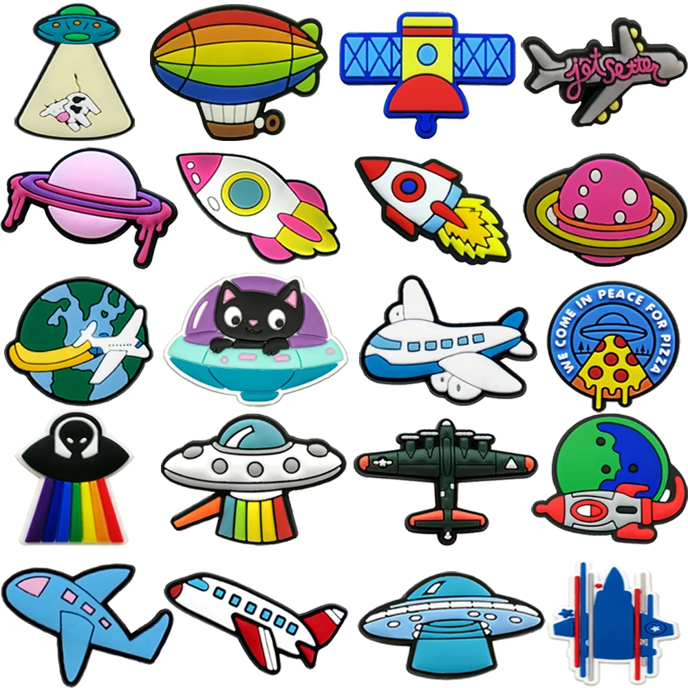 1/20PCS Airplane Shoes Charm Decoration for Kids,Rocket Hot Air Balloon Pin for Sandals,Flying Saucer Alien Clog Buckle