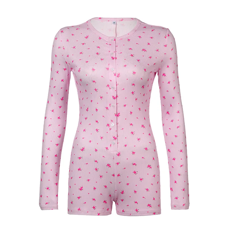 Kombinezon z długim rękawem i okrągłym dekoltem w słodkim kwiatowym wzorze, na lato, odmładzający, modny, wyszczuplający, na co dzień, do noszenia w domu.