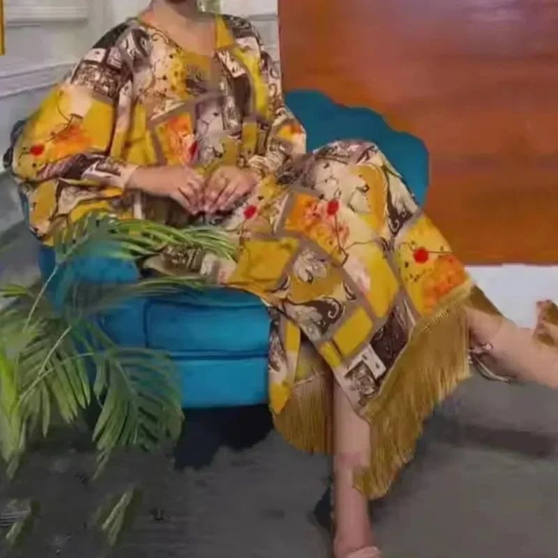 

African Dresses Women Tradition Long Dress Print Tassels Batwing Sleeve V Neck Maxi Gown Robe Africa Kaftan Vestidos 2025