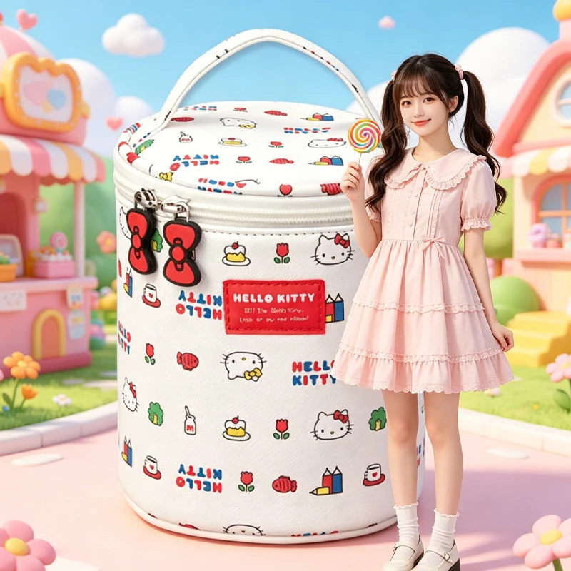 

Portable Hello Kittys Cosmetic Bag Cartoon Printing Cylinder Storage Portable Kawaii Bags for Woman Beauty Makeup Toolkit