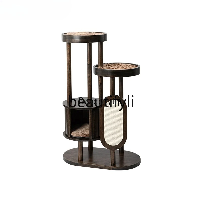 Cat climbing frame cat nest integrated new Chinese style all solid wood cat frame black walnut color villa