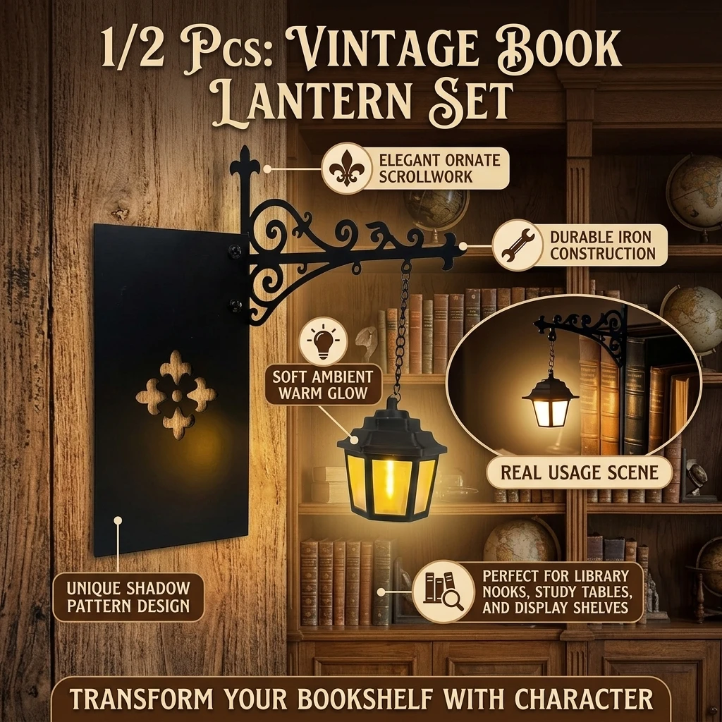 Retro Hanging Street Lamp Wall Decor, Black Metal Scroll Mount LED Night Light Gothic Vintage Wall Lantern Ornament Book Light