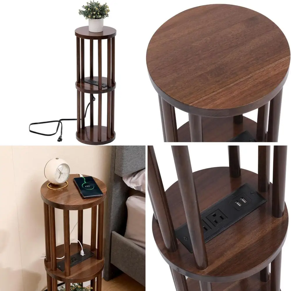 

Mid-Century Walnut Round Drink Table with Charging Station, Perfect for Living Room or Bedroom Nightstand