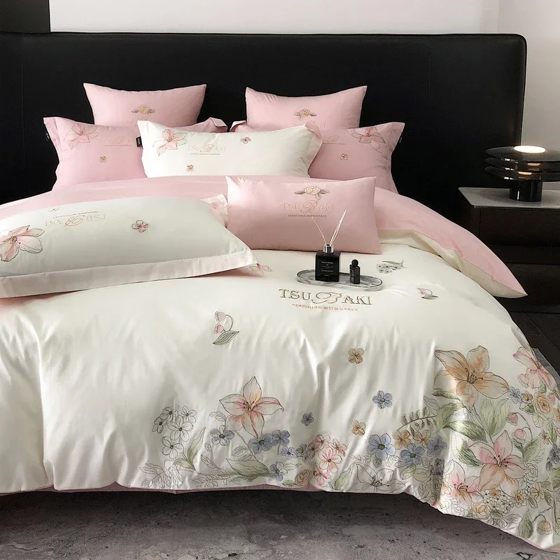 100% cotton bed linen set with Embroidered flower comforter bedding set double duvet quilt cover bed sheets set and pillow case