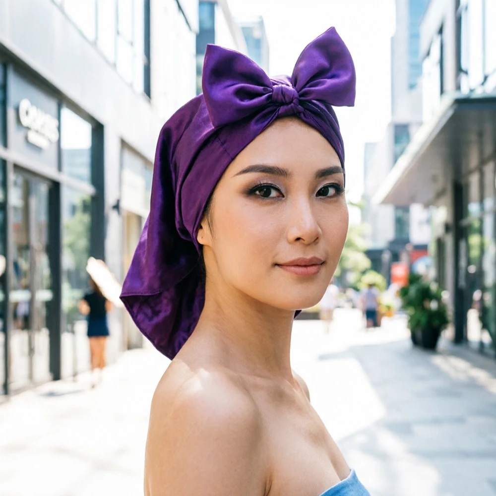 Women Satin Long Tail Bonnet Bowknot Soft Sleep Cap Elastic Head Wrap Hair Protector Night Hat For Daily Hair Care Headwear